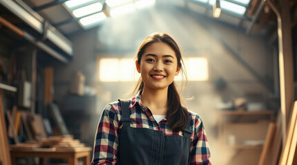 Portrait of a young female carpenter smiling confidently in her workshop, showcasing craftsmanship and passion for woodworking