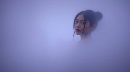 Purple mist surrounds a beautiful young asian model with red lipstick, creating a dreamy and ethereal fashion portrait
