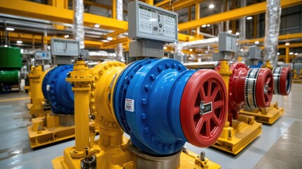 Color-coded machinery in a factory setting, with bold primary colors creating a modern industrial aesthetic.