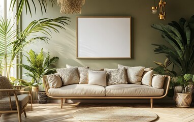 Tropical living room with beige sofa, blank frame, and sunlight.