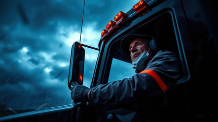 Caucasian truck driver wearing protective face mask adjusting rearview mirror while driving his truck during stormy night