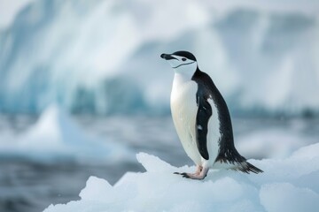 Fototapeta premium Chinstrap penguin standing on ice in Antarctica, showcasing its unique features against the stunning icy backdrop during a cold winter day