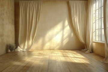 Dimly Lit Empty Room Featuring Roman Curtains and Warm Natural Light Illuminating a Serene Space with Wooden Flooring