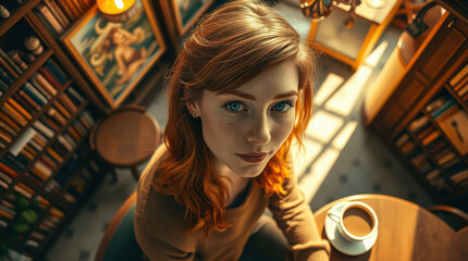Young redhead woman with blue eyes enjoying a cup of coffee in a cozy bookshop cafe, surrounded by books and warm lighting