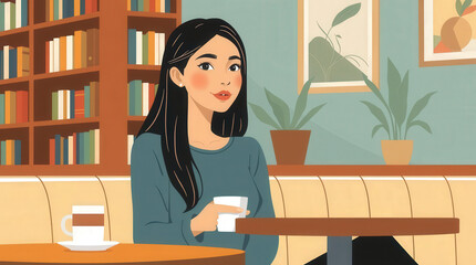 Young woman sits at a table in a cafe, holding a cup of coffee and enjoying a peaceful moment in a cozy atmosphere with bookshelves and plants