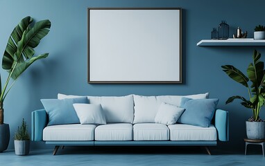 Blue living room interior design mockup, sofa, plants.