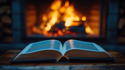 Obraz premium Open book by fireplace; cozy winter night.