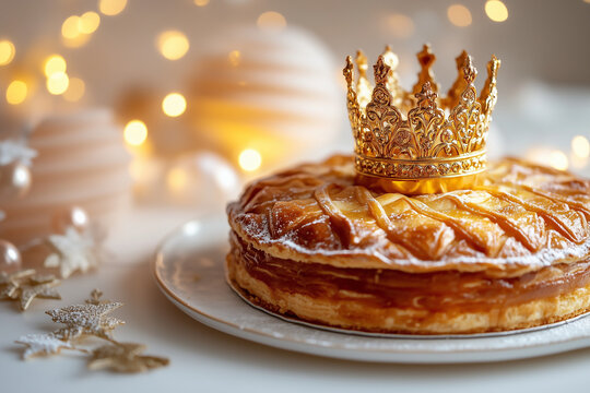 Galette des rois feuillet&eacute;e couronne dor&eacute;e, rois mages &Eacute;piphanie 6 janvier 2025, &eacute;clairage chaleureux, espace n&eacute;gatif copyspace