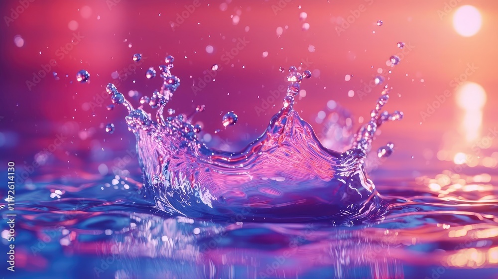 Poster Splash abstract background concept. A vibrant splash of water creates mesmerizing patterns under colorful lights.
