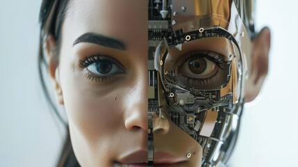 Human Woman and Robot Cyborg Face Split Screen Portrait
