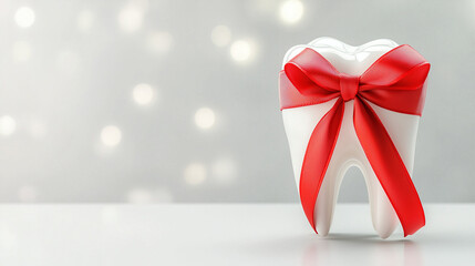 Glossy white tooth with a bright red ribbon on gray background, copy space