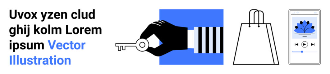 Hand holding key, shopping bag, and phone displaying a music app with a flower image. Ideal for e-commerce, digital marketing, online shopping, music streaming, promotional material, app design