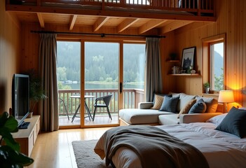 Charming Wooden Cabin in Norway: Modern Living Room with Balcony, Desk, and Cozy Bed on a Rainy Day
