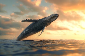 Fototapeta premium A humpback whale jumps gracefully over the waters of Madagascar during a stunning sunset, showcasing the beauty of marine life in its natural habitat