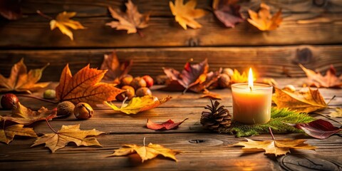 Cozy autumnal atmosphere with fallen leaves and warm candlelight, set against a rustic wooden table backdrop