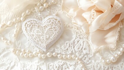 Fototapeta premium A delicate arrangement of lace, pearls, and flowers, evoking romance and elegance.