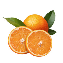 Fresh ripe orange with green leaf isolated on white transparent background