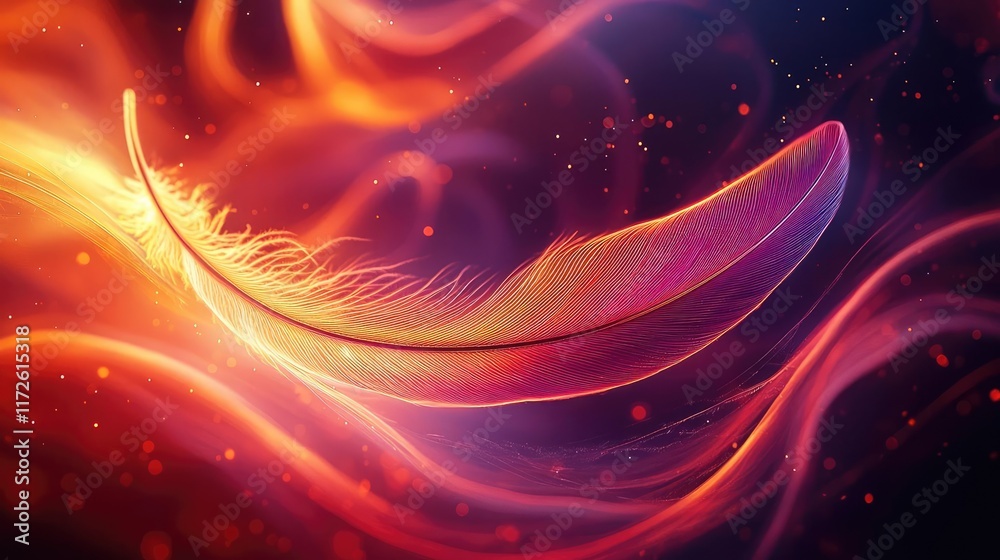 Poster feather abstract background concept. a vibrant feather floats amidst colorful abstract swirls of lig
