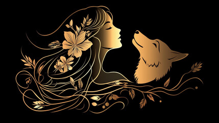 Minimalist silhouette of a woman with flowing hair and fox