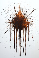 Abstract splatter of brown paint with drips and droplets on a white background.