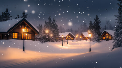 Fototapeta premium Peaceful snowy village scene at twilight with charm