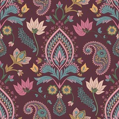 Vibrant, Hand-Drawn Floral Pattern Featuring Pink, Blue, Green, and Yellow Flowers on Dark Purple Background.