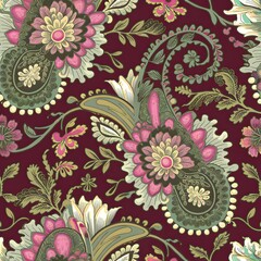 Ornate Paisley and Floral Pattern with Lotus Flowers, Leaves, and Gold Details on Maroon Background.