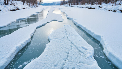 Obraz premium Winter river with broken ice and snow-covered banks