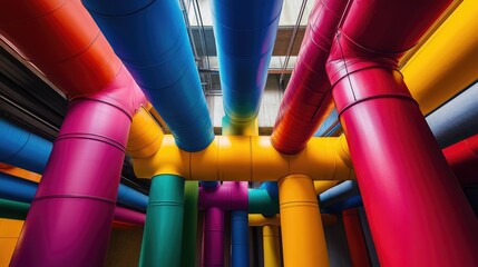 Industrial ducts and pipes painted in bright primary colors, arranged in a geometric pattern.
