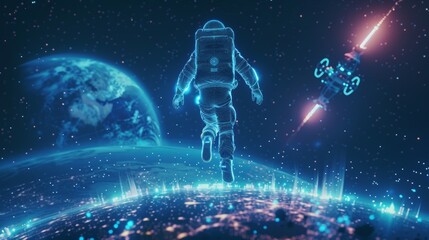 Astronaut Hologram Floating Above Earth with Spacecraft and City Lights