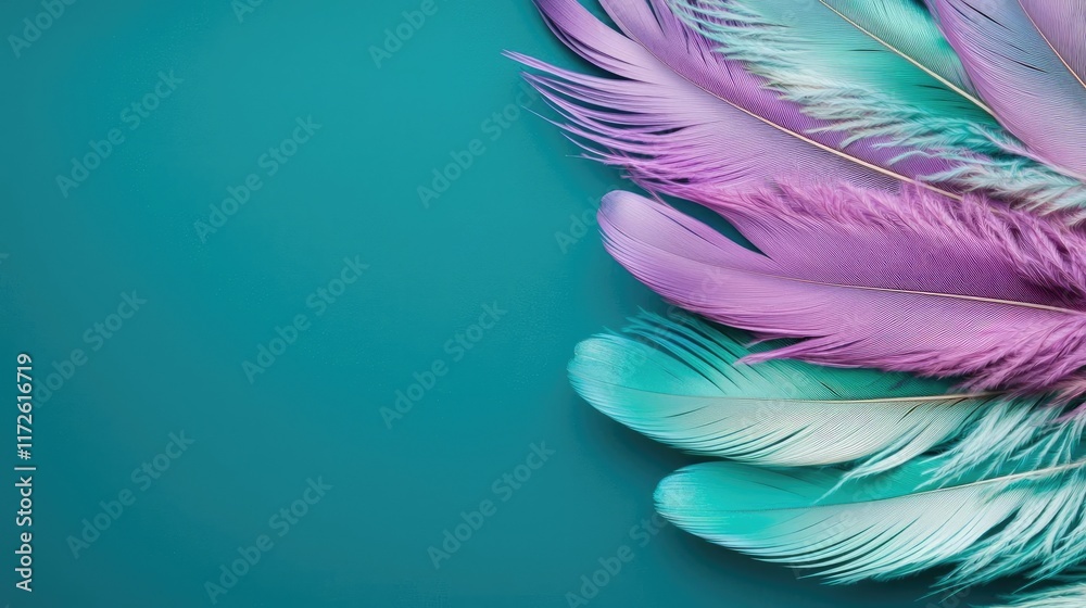 Poster feather abstract background concept. colorful feathers arranged on a teal background for creative ba