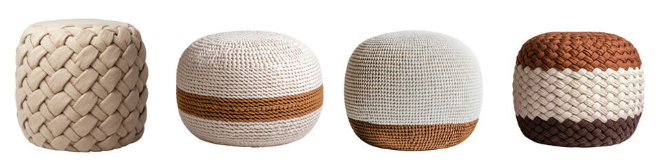 Fototapeta premium A collection of handmade crochet and knitted textured spherical poufs in natural beige and brown tones These artisanal home decor pieces add a cozy comfortable