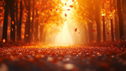 Serene autumn forest pathway illuminated by warm sunlight