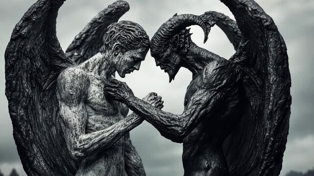 Two contrasting figures with large wings face each other in a dramatic confrontation set against a moody background