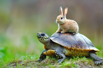 Rabbit riding on the back of a tortoise in a green grassy area during daylight hours
