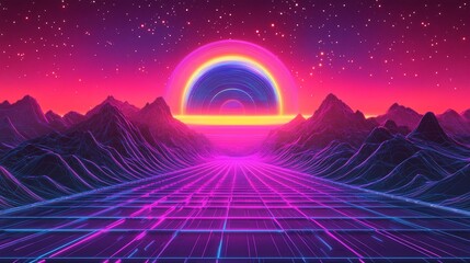 Retro futuristic landscape with vibrant rainbow arch over grid road at sunset.