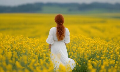 Fototapeta premium girl in a white dress surrounded by a vibrant rapeseed field, Generative AI 