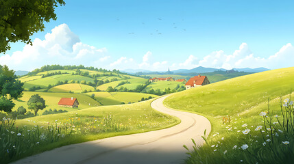 Serene Summer Landscape: Winding Road Through Rolling Green Hills and Quaint Village