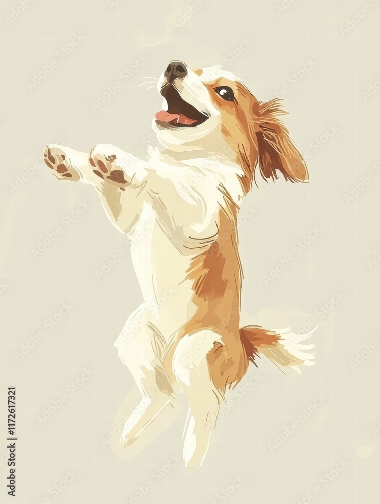 Poster joyful puppy jumping happily in a bright indoor space with playful energy and excitement. generative