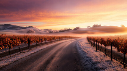 Serene vineyard landscape at sunrise with mist