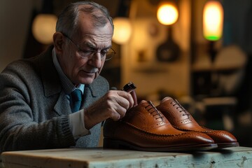 Skilled artisan applies finishing touch to handcrafted leather shoes in workshop