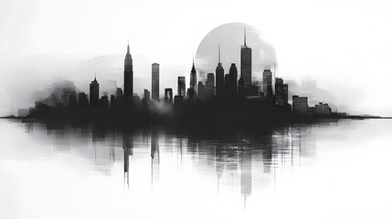 Fototapeta premium Abstract Black and White Backgrounds. A stunning black and white cityscape, featuring a detailed skyline reflected in still water under a large moon.