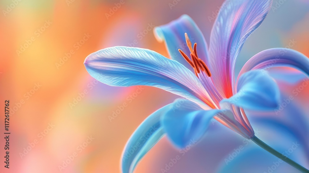 Poster Soft abstract background idea. A close-up of a vibrant blue lily flower with a colorful blurred background.