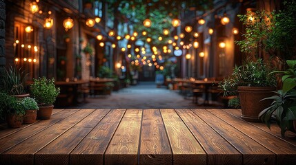 A cozy outdoor dining area illuminated by warm lights and surrounded by plants.