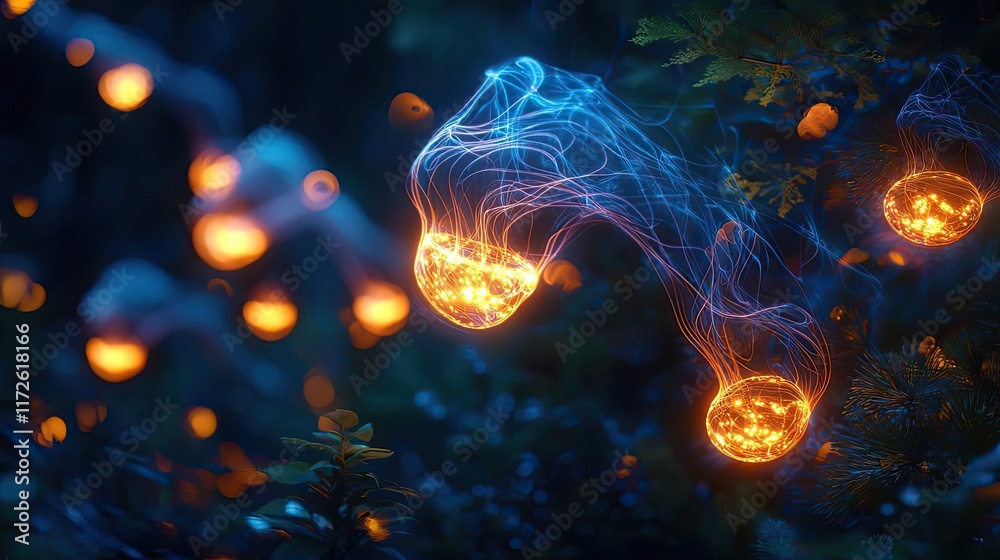 Poster smoke abstract background idea. bioluminescent jellyfish glowing in tranquil underwater scenery, sho