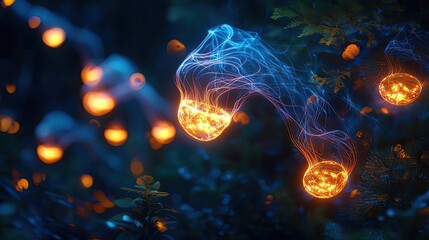 Fototapeta premium Smoke abstract background idea. Bioluminescent jellyfish glowing in tranquil underwater scenery, showcasing nature's wonders.