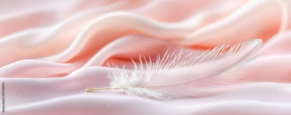 Poster feather abstract background concept. a delicate feather on soft pink silk, symbolizing grace and tra