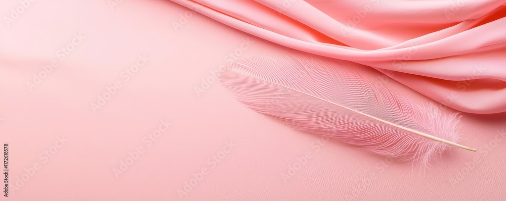 Poster feather abstract background concept. a gentle pink feather resting on soft pink fabric, evoking tran