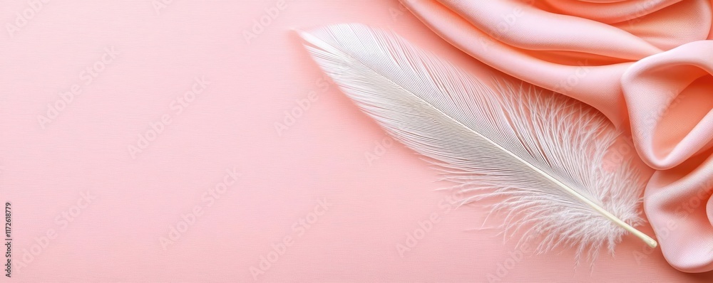 Poster Feather abstract background concept. A delicate white feather resting on soft pink fabric, creating a serene composition.