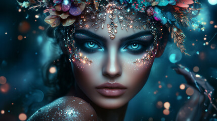 Stunning portrait of a woman with intricate ornaments and glitter